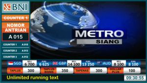 Tampilan mesin antrian bank bni dengan informasi suku bunga bank